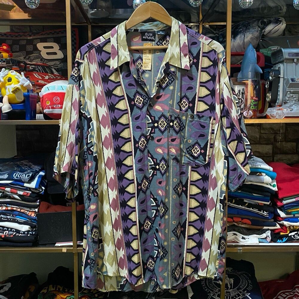 Vintage 90s Bon Homme Rayon Tribal Aztec Camp Shirt Medium Deadstock NWT